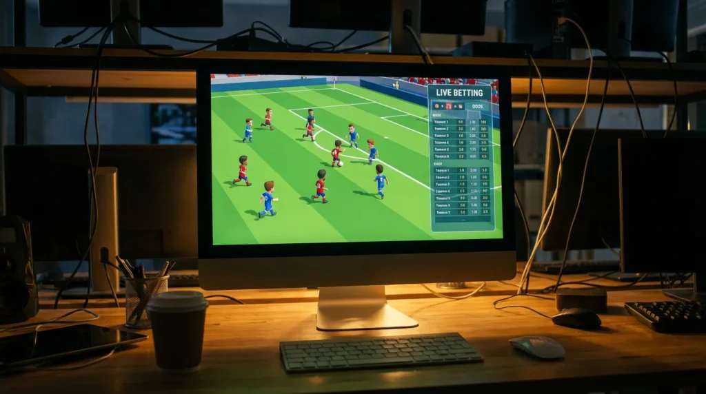 Partita di calcio virtuale su schermo con mercati scommesse