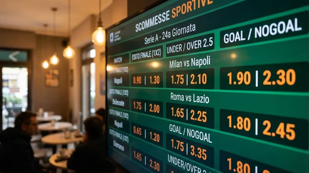 Diversi tipi di scommesse calcio rappresentati su un tabellone sportivo